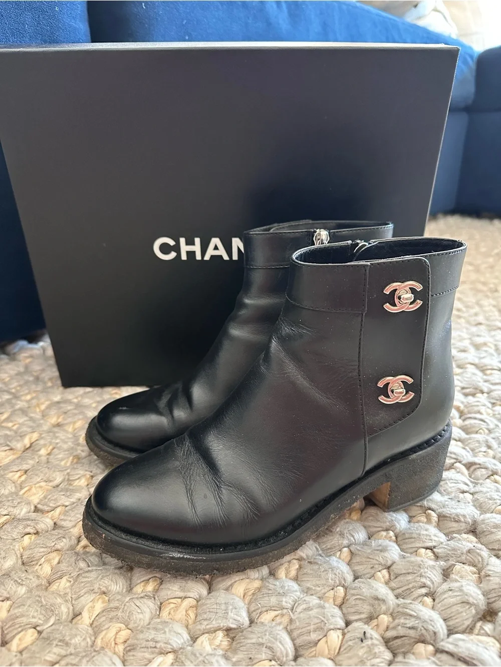 CHANEL CC TURN LOCK BLACK LEATHER SHORT ANKLE BOOT SHOE size 37